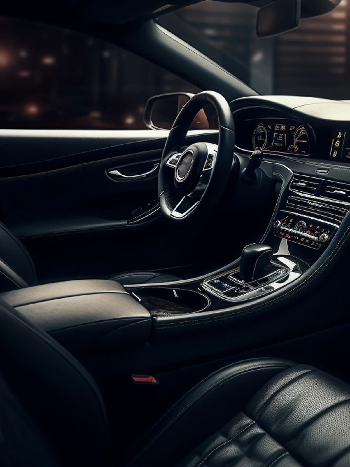 Dark sports car interior at night