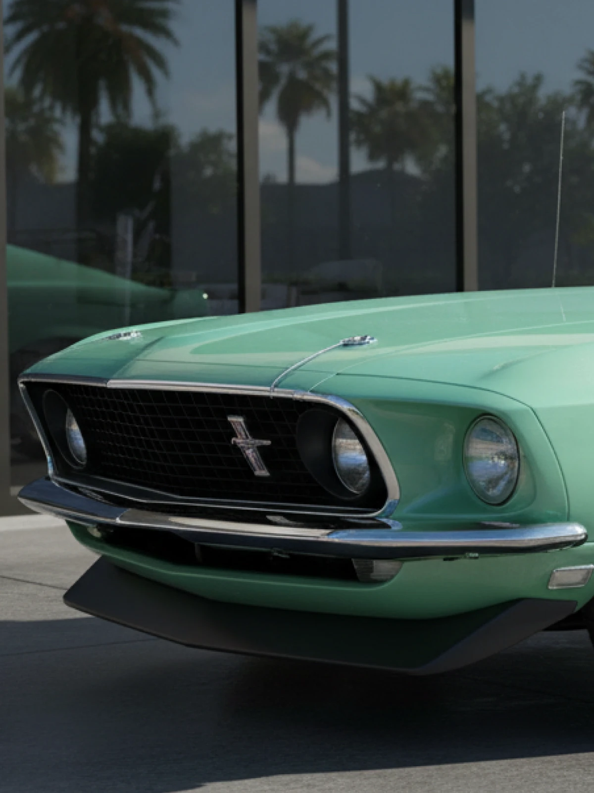 Mint green vintage Ford Mustang parked in a showroom