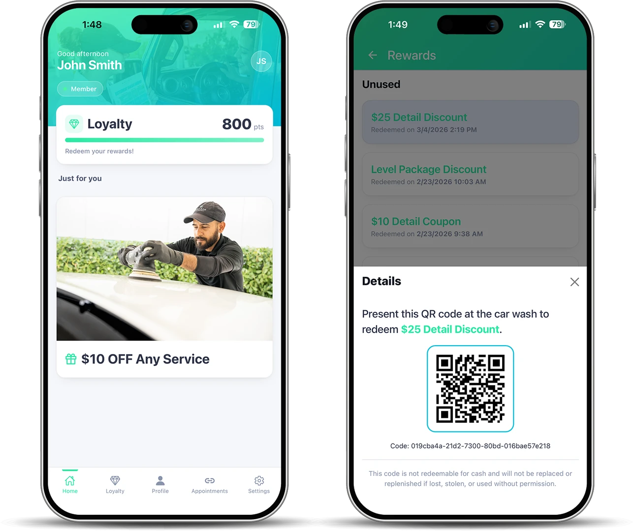 Mint Eco app screens showing loyalty rewards and a redeemable QR code