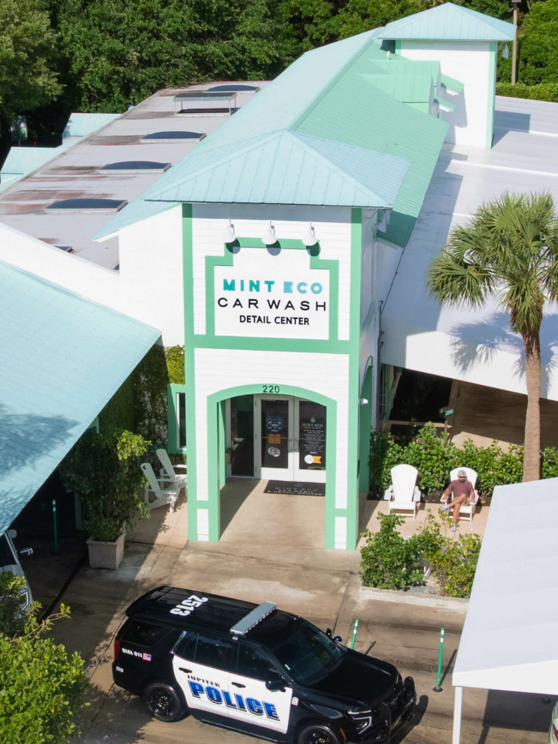 Aerial view of the Mint Eco Car Wash Detail Center building at the Jupiter, Florida location