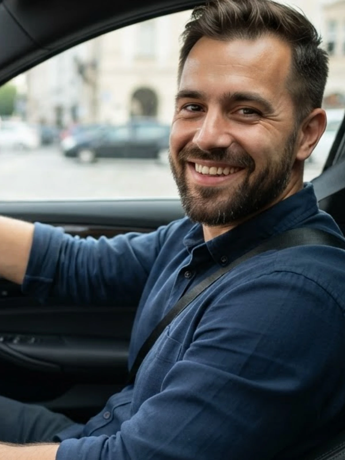Man smiling while sitting in the driver's seat of a car