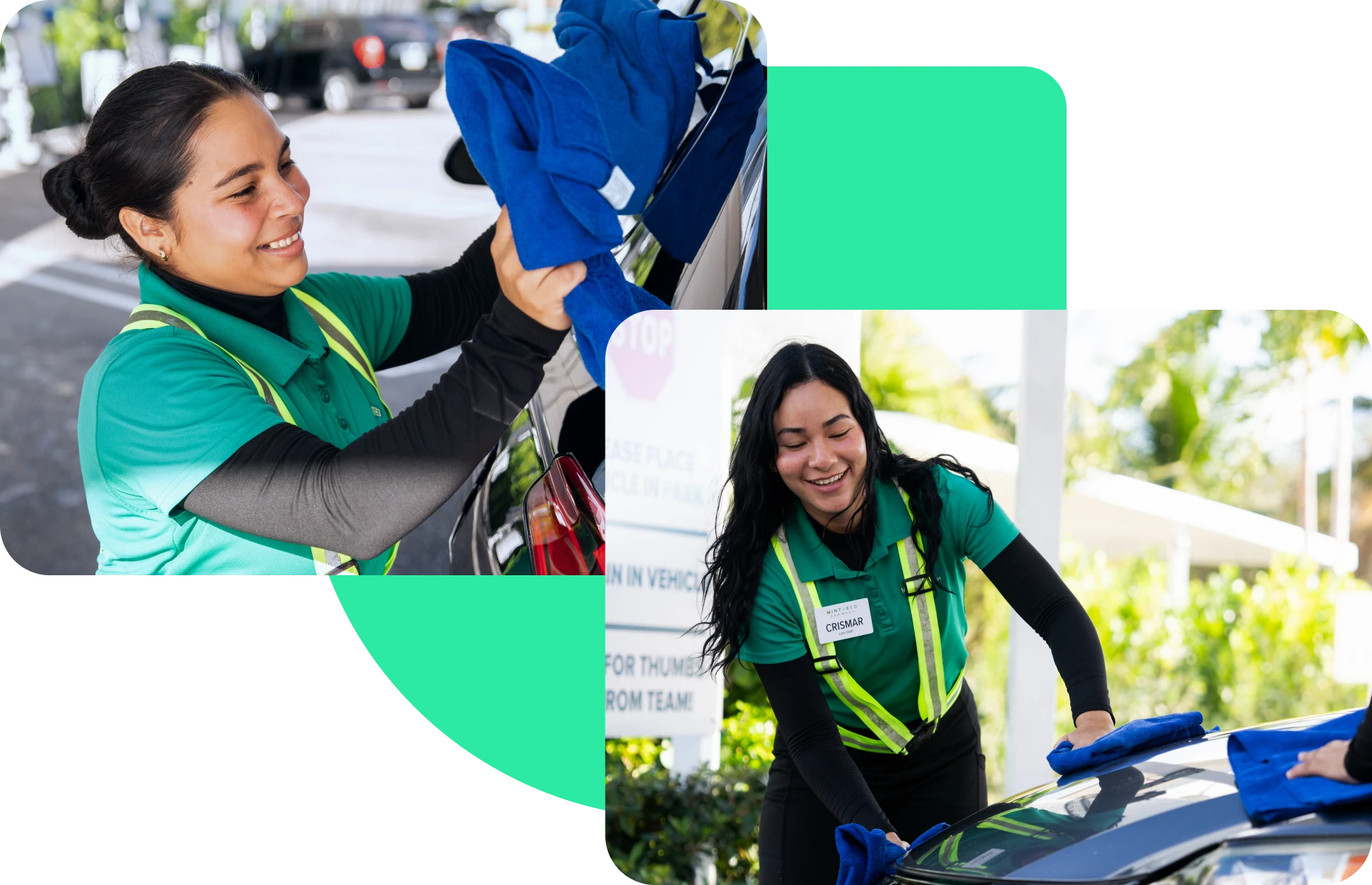 Two Mint Eco employees drying cars with blue microfiber towels