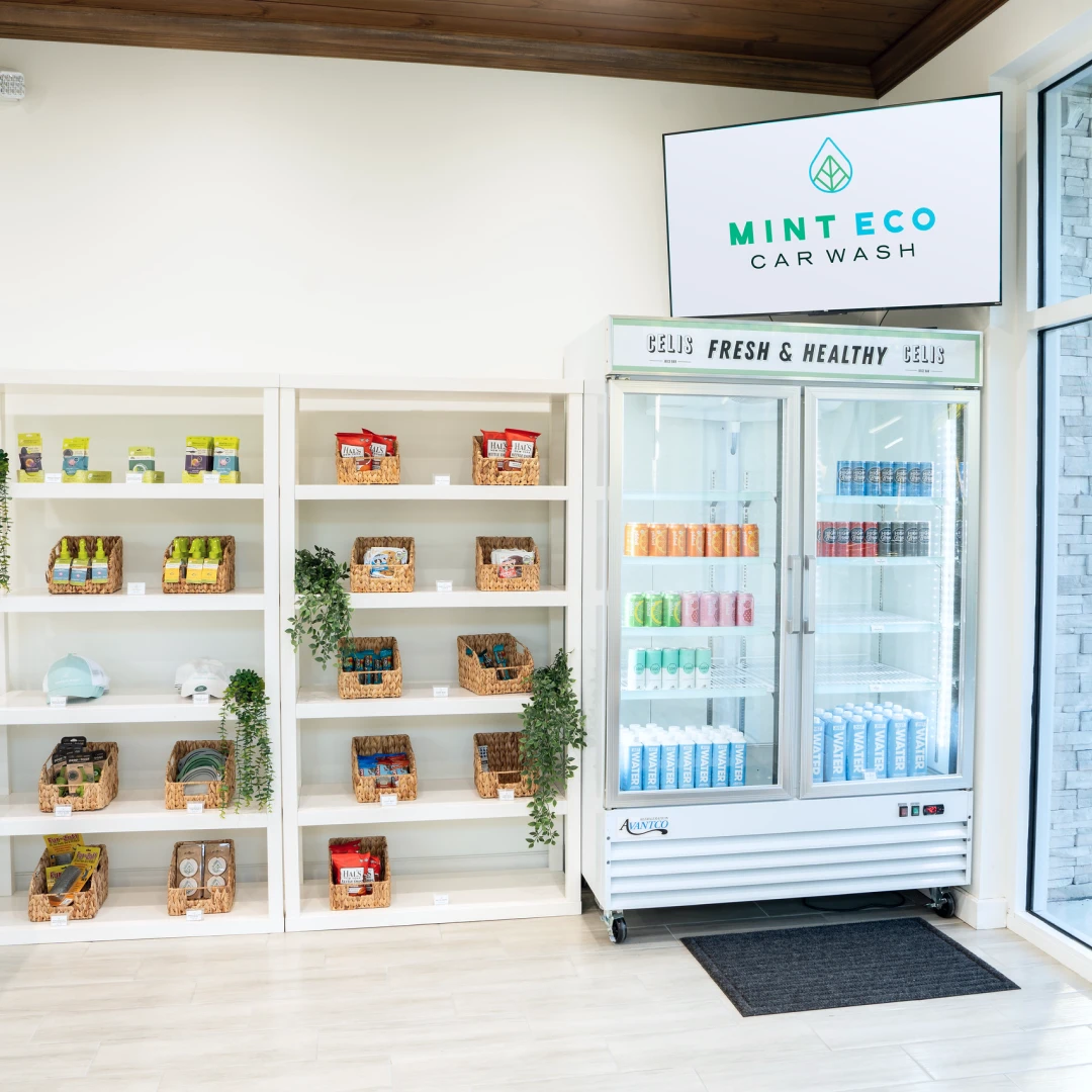 Mint Eco Car Wash lobby retail shelves with snacks and beverages