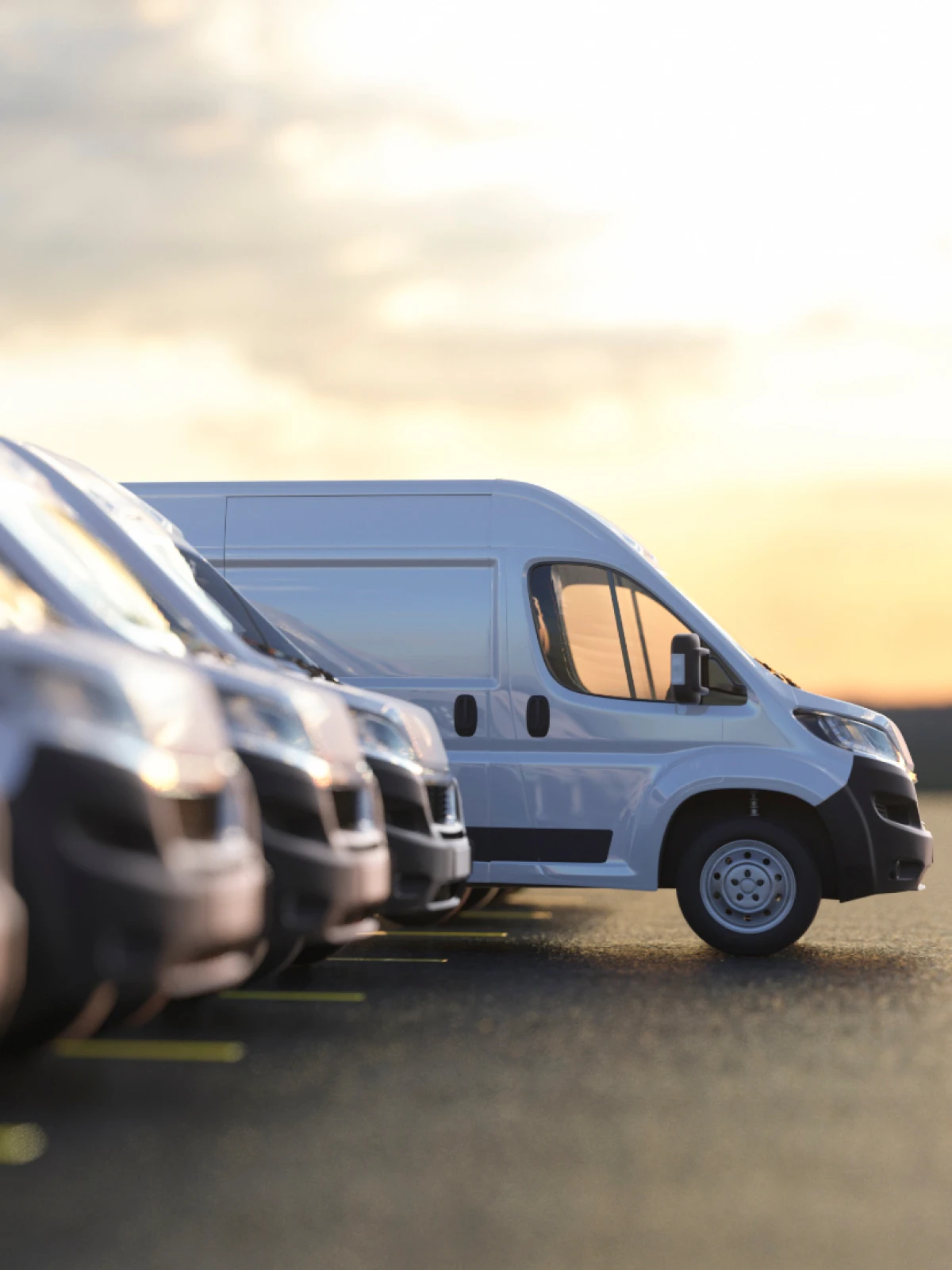 Fleet of white delivery vans lined up at sunset