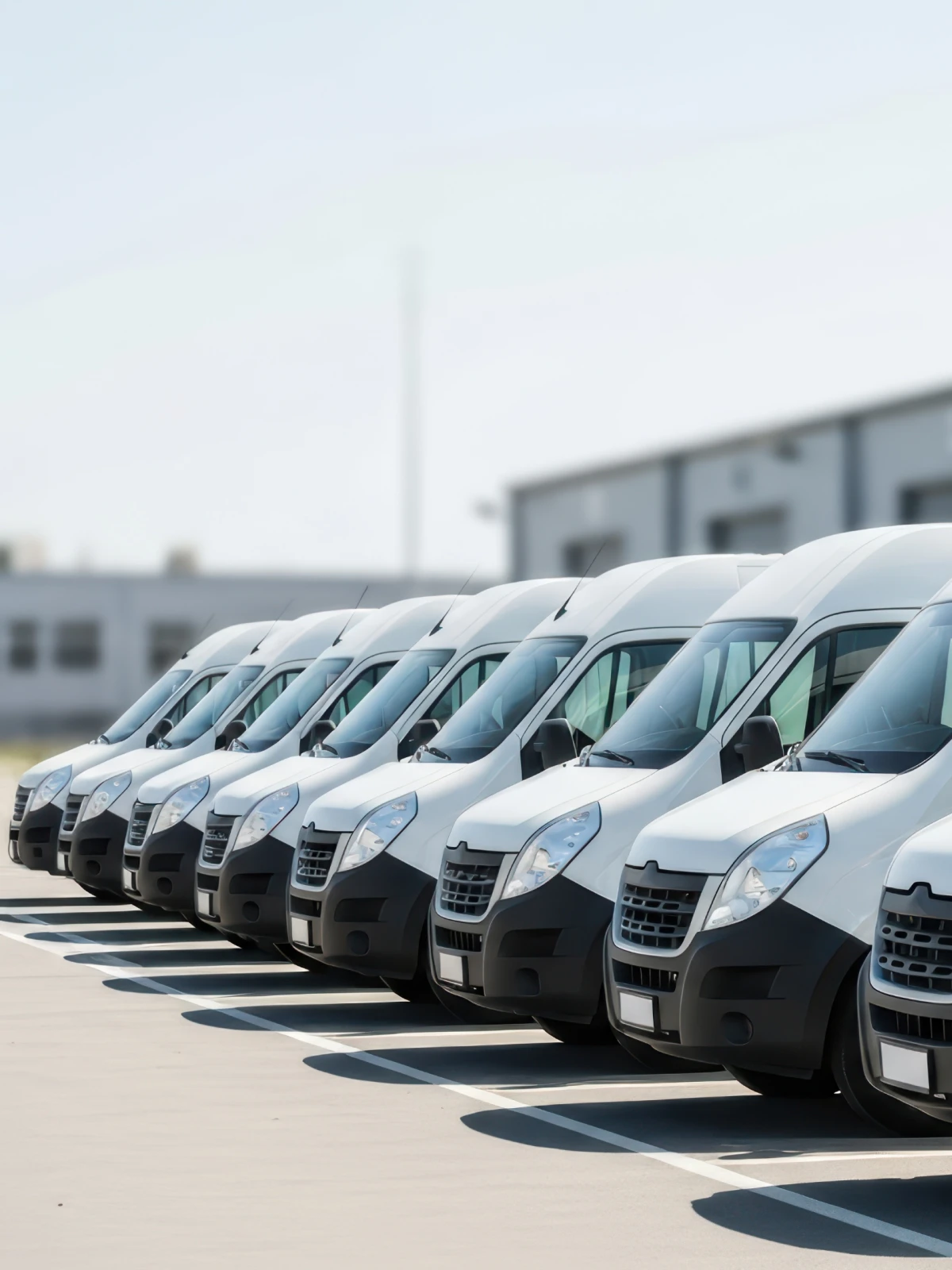 Row of white cargo vans parked side by side
